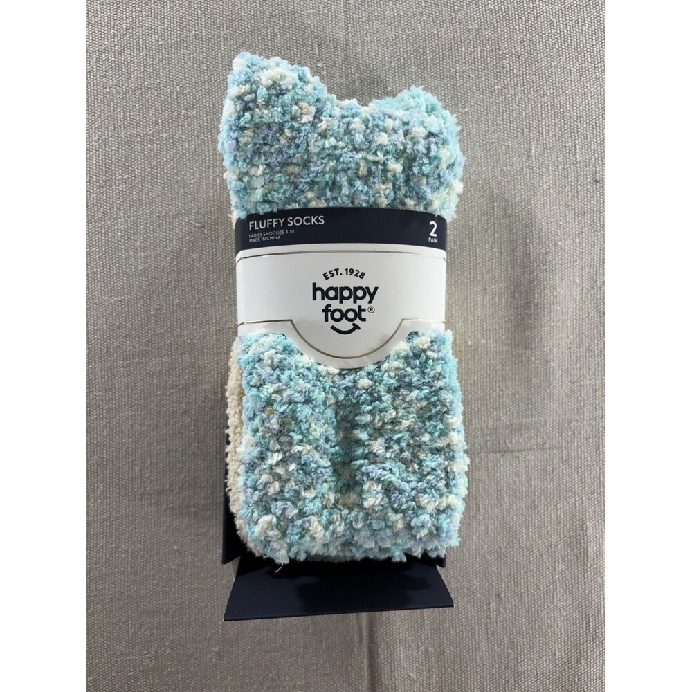 Happy Foot Fluffy Socks Women's Size 4-10 Fuzzy Socks 2-Pair Pack Blue Cream NWT